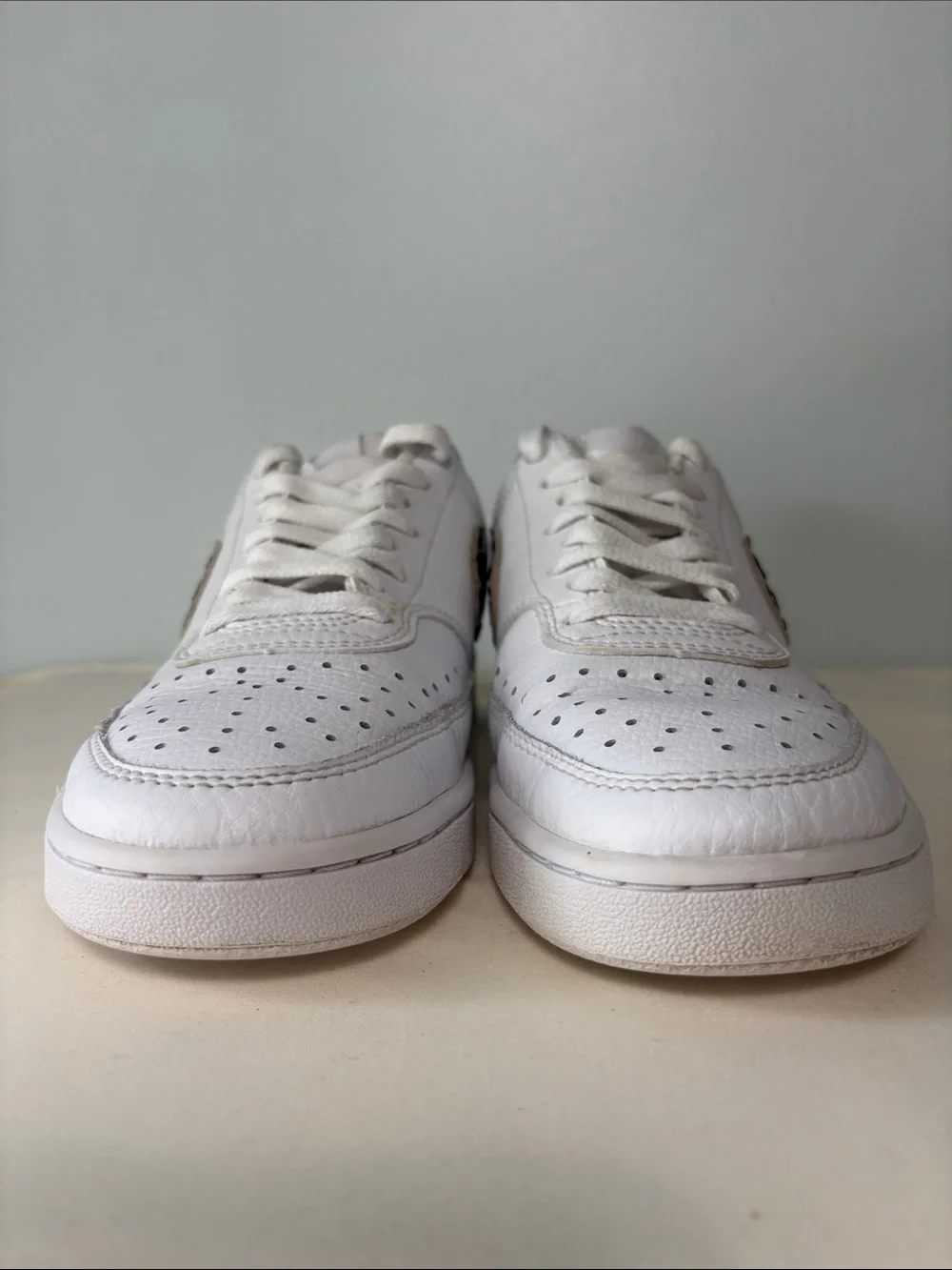 Nike Women's Court Vision Low White Sneakers with Leopard Swoosh